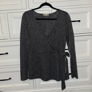 Women’s V-Neck Faux Wrap Long Sleeve Blouse Top Black Marl Size M